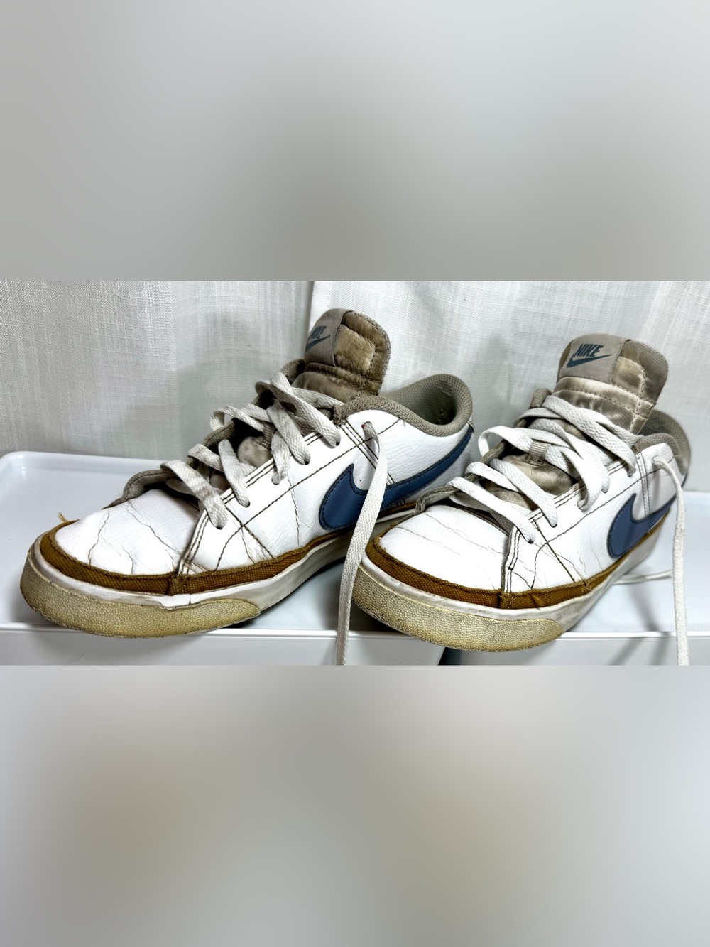 Women’s Nike Court Legacy White & Blue Low-Top Sneakers with Brown Trim